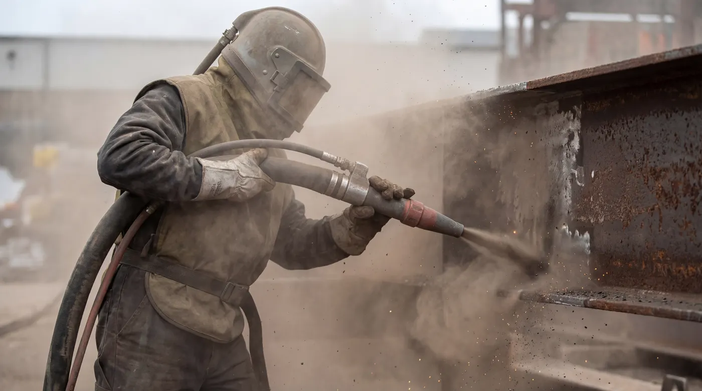 Industrial sandblasting removing corrosion from a steel component